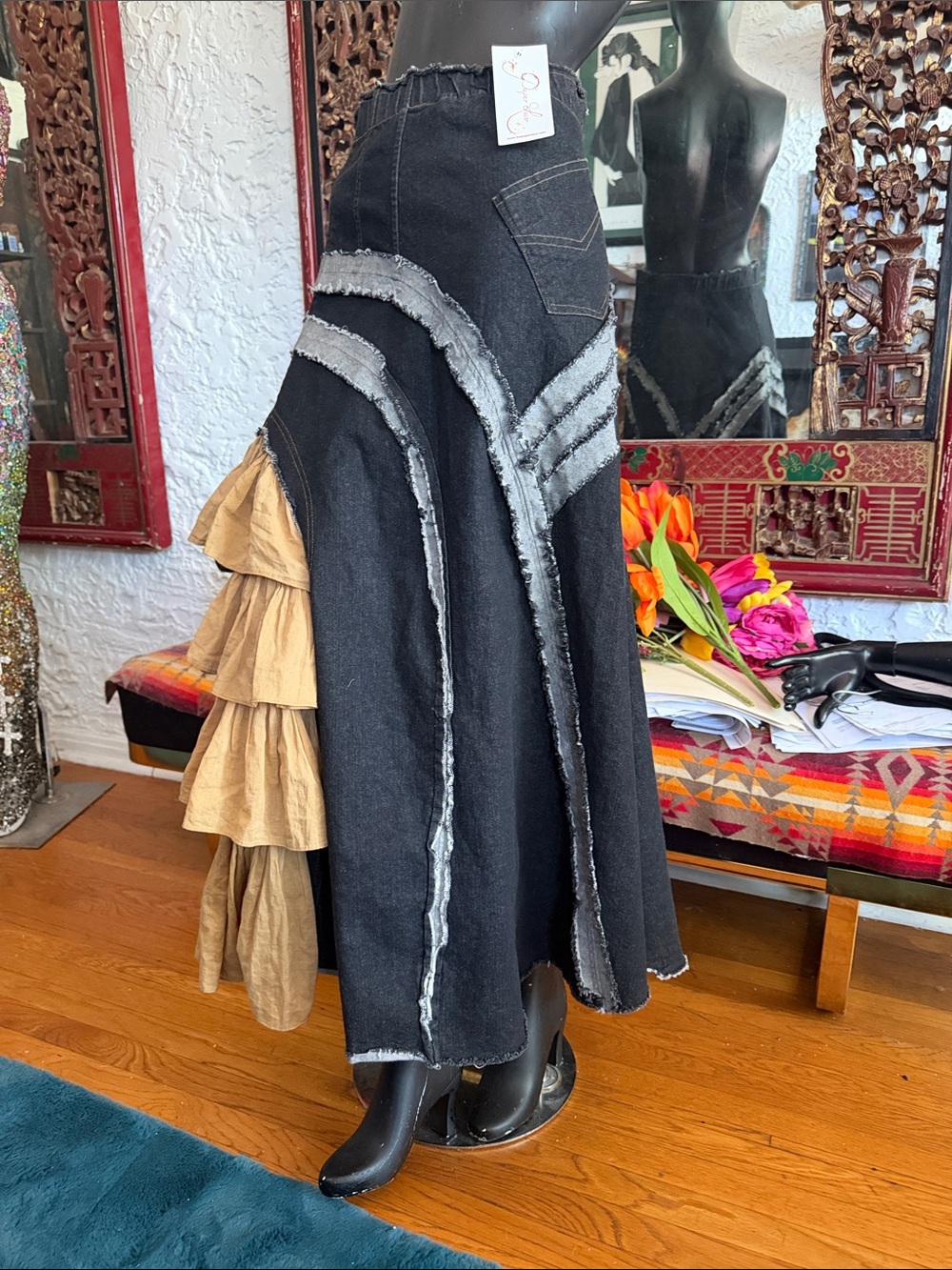 Black Denim Maxi Skirt with Tan Ruffle Panel